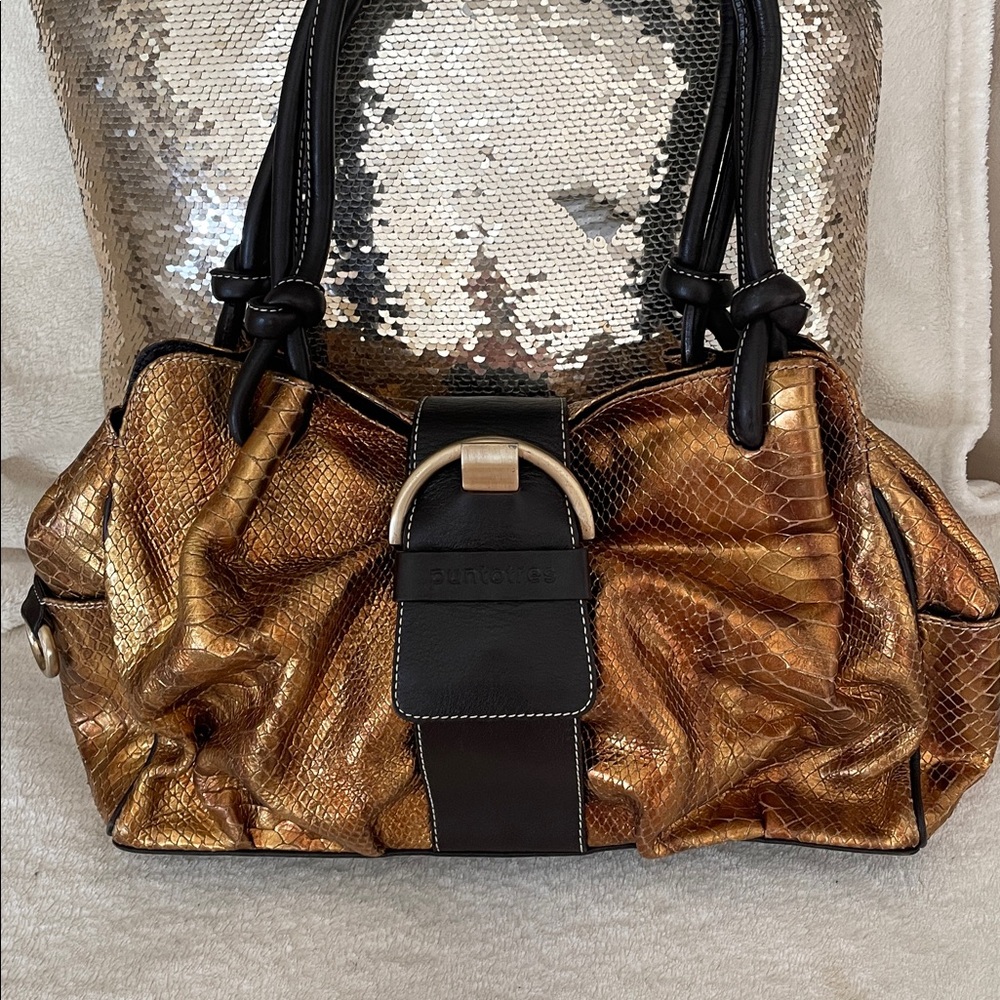 NWOT Puntotres Genuine Leather Spain Snake Print Elegant Gold Copper Handbag - Picture 2 of 12